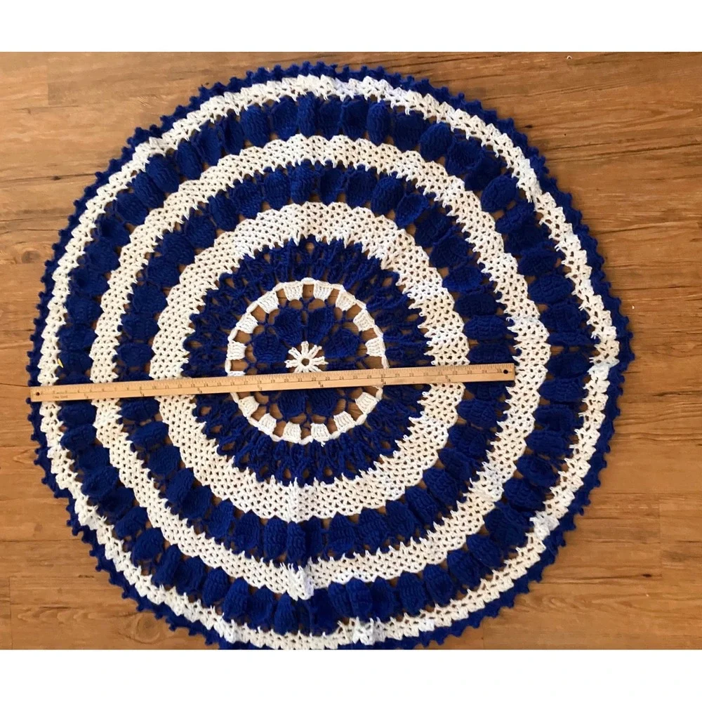 Handmade Mandala Crochet Round Throw Blanket Blue White Popcorn Afghan